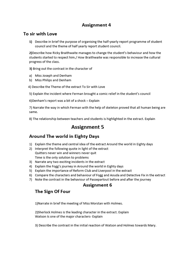 Important Questions For Novel Section Assignment, 4,5,6 | PDF | Around ...