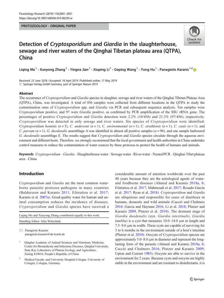 Detection of Cryptosporidium and Giardia in The Slaughterhouse, Sewage ...