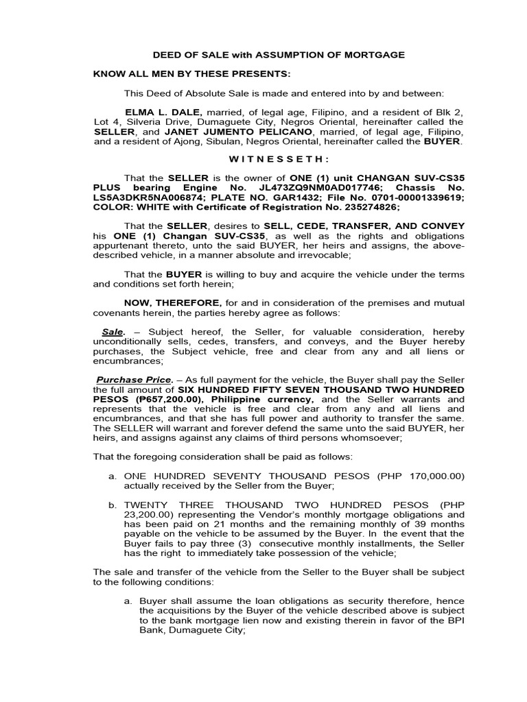 DEED OF ABSOLUTE SALE With Assumption of Mortgage Download Free PDF
