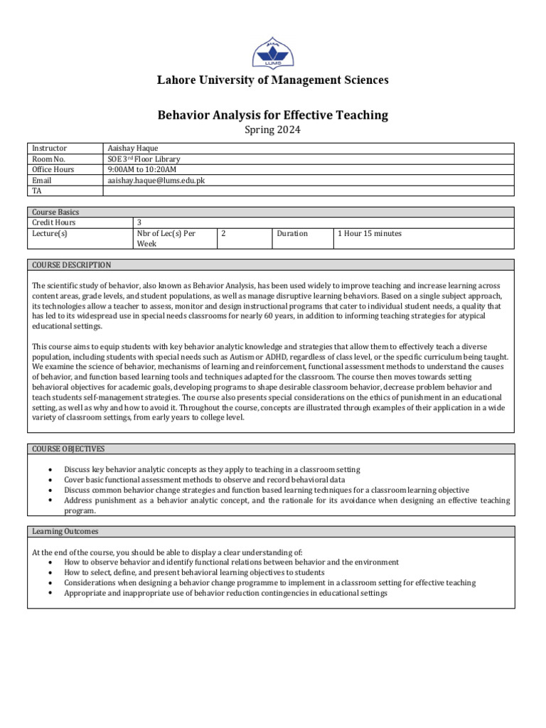 EDU 422 Behavior Analysis For Effective Teaching - Spring 2024 | PDF ...