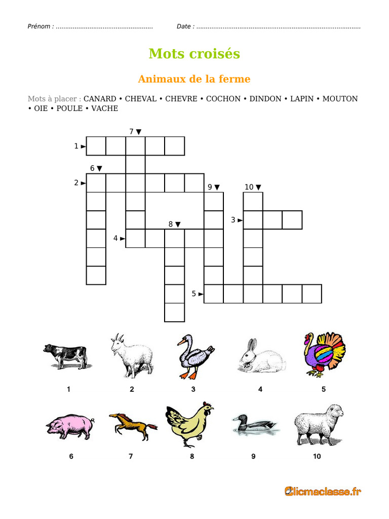 Mots Croisés : Animaux de la Ferme | PDF