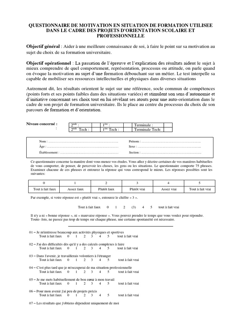 Riasec - Questionnaire de Motivation Formation | PDF