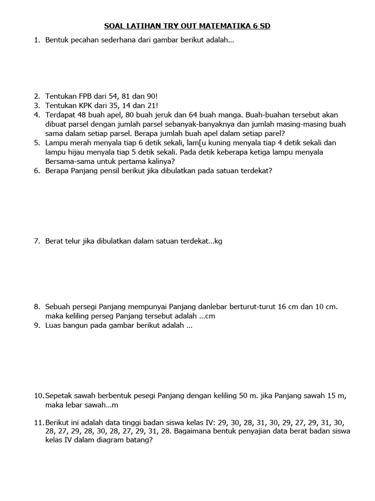Soal latihan try out matematika 6 sd pdf
