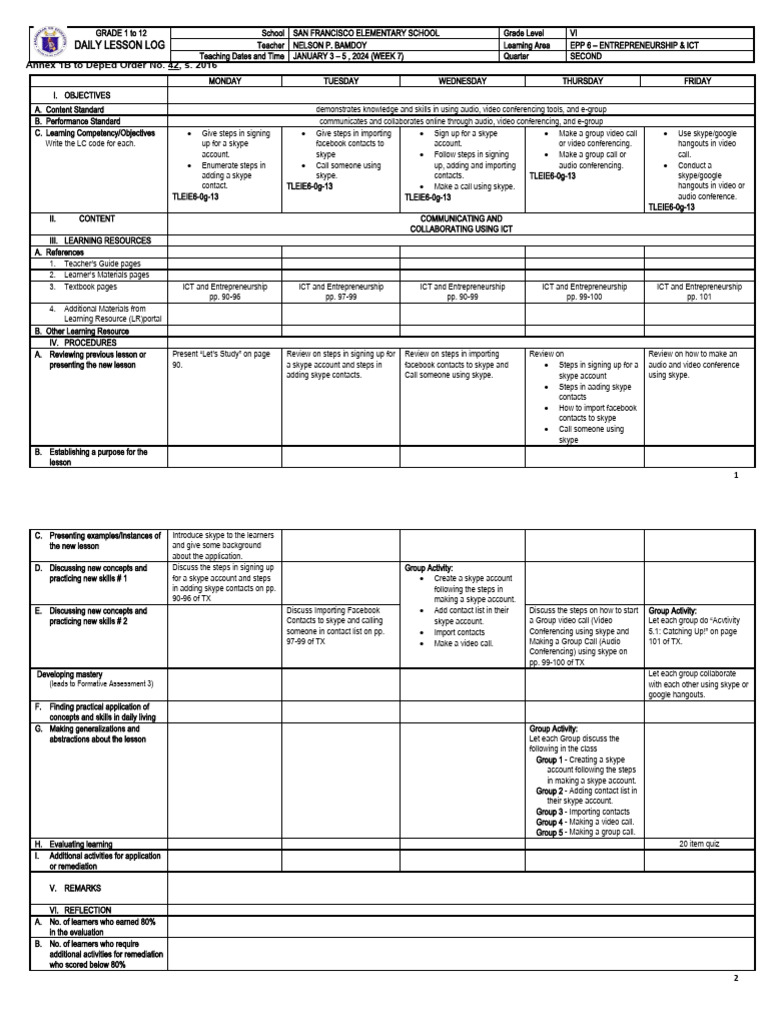 DLL Epp6-Ict Q2 W7 | PDF | Educational Technology | Videotelephony