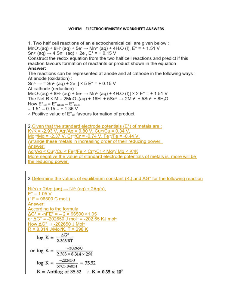 ELECTROCHEMISTRY Worksheet With Answers | PDF | Electrochemistry | Redox