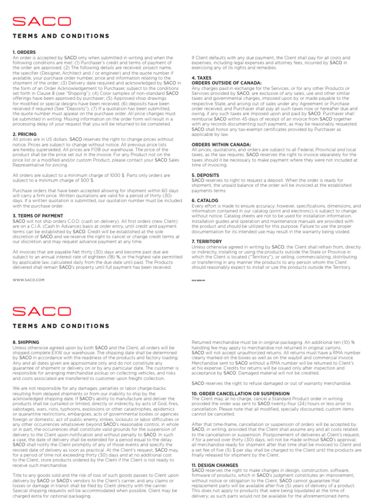 SACO Order Terms & Conditions | PDF | Implied Warranty | Taxes