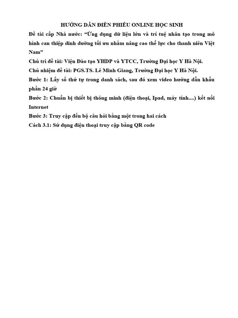 0 HS. Huong Dan Phieu Dieu Tra Online - 28dec23 - X - HS 1A | PDF