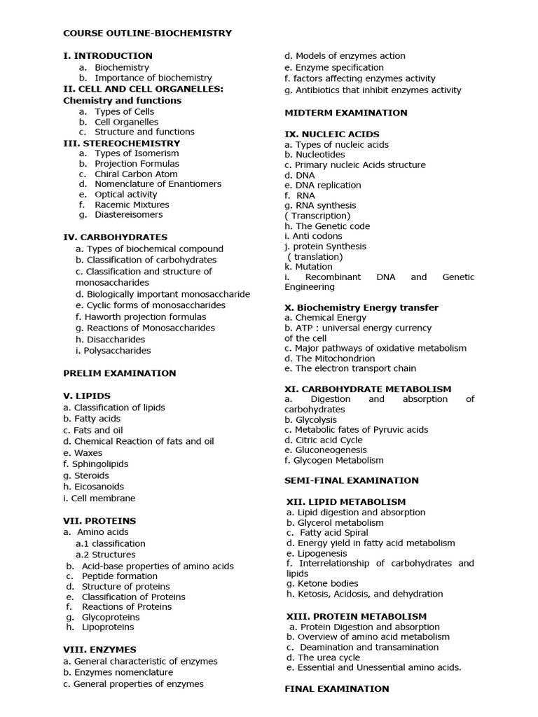 Biochemistry Course Outline 2023 | PDF | Metabolism | Biochemistry