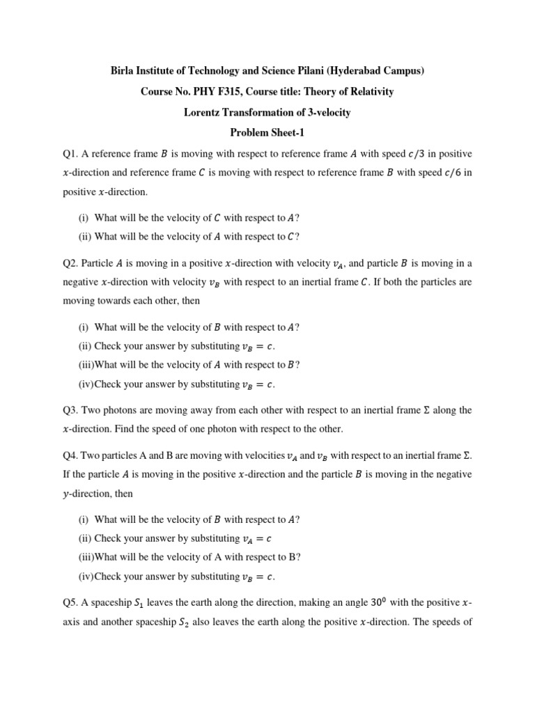 Special Relativiy Problem Sheet Download Free Pdf Special