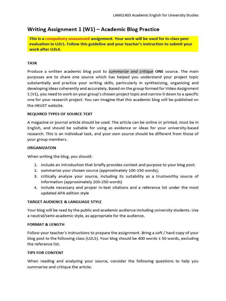 W1 - Academic Blog Practice - Instructions | PDF | Apa Style ...