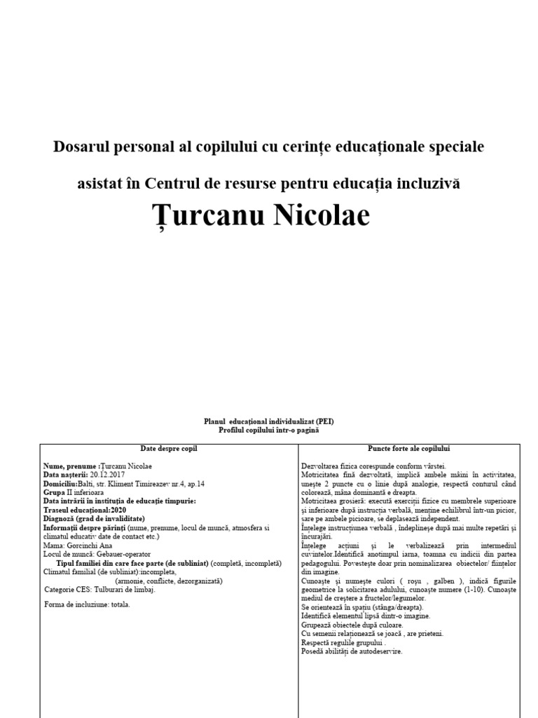 Profilul Copilului Turcanu | PDF