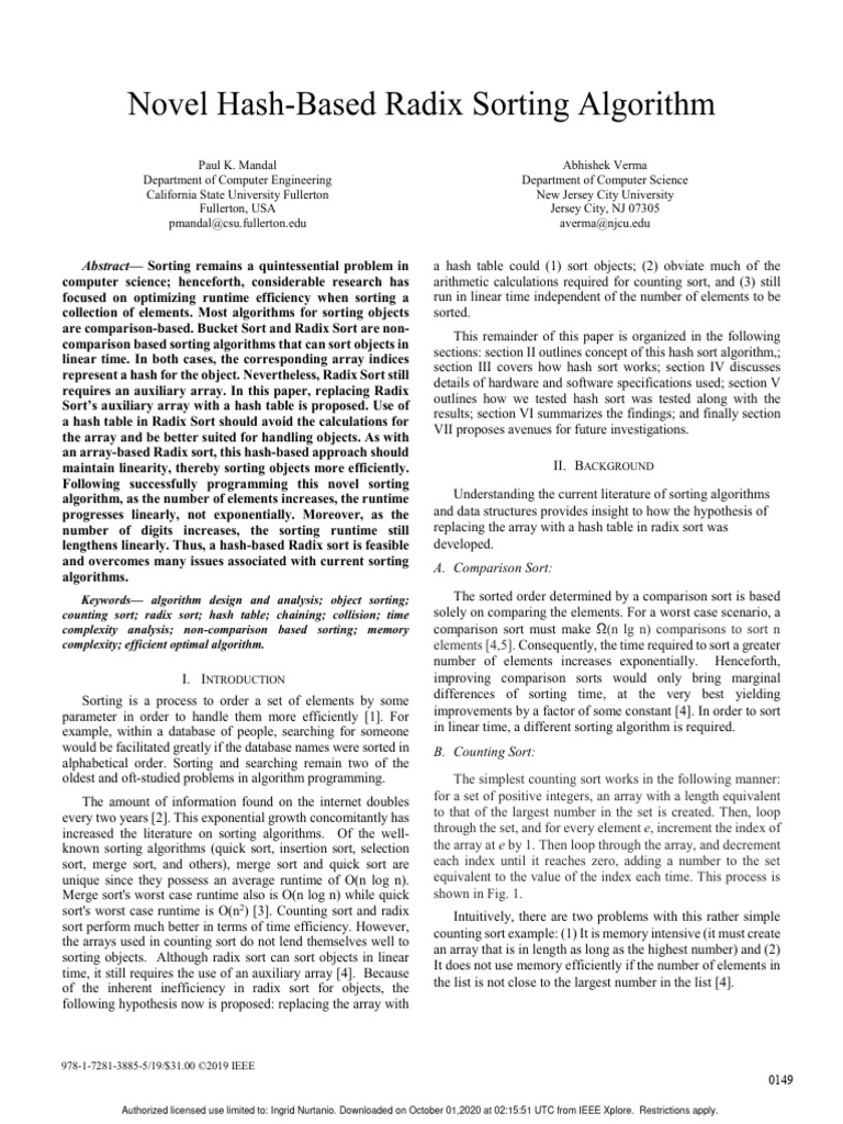Novel Hash-Based Radix Sorting Algorithm: Abstract - Sorting Remains A ...