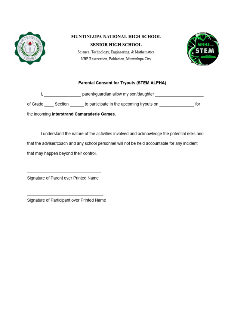 Parental Consent for Tryouts Form | PDF