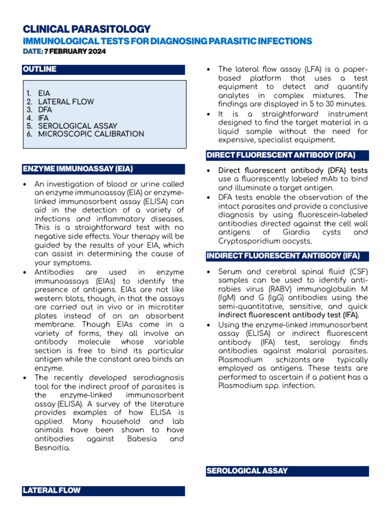 Immunological Tests For Diagnosing Parasitic Infections | PDF