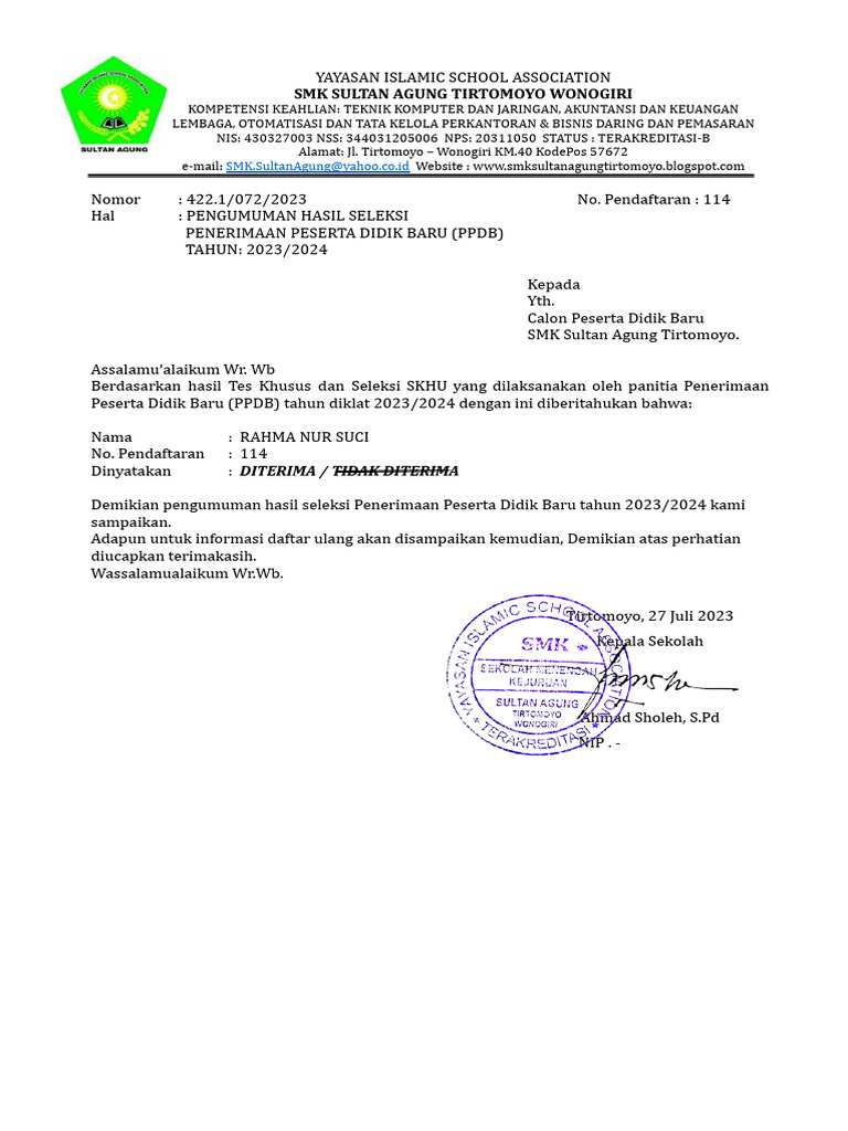 Surat Keterangan Diterima | PDF