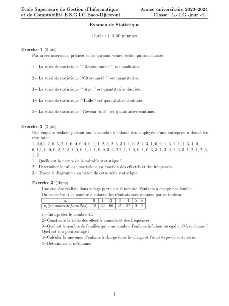Examen de Statistique L1 E.S.G.I.C 2023-2024 | PDF
