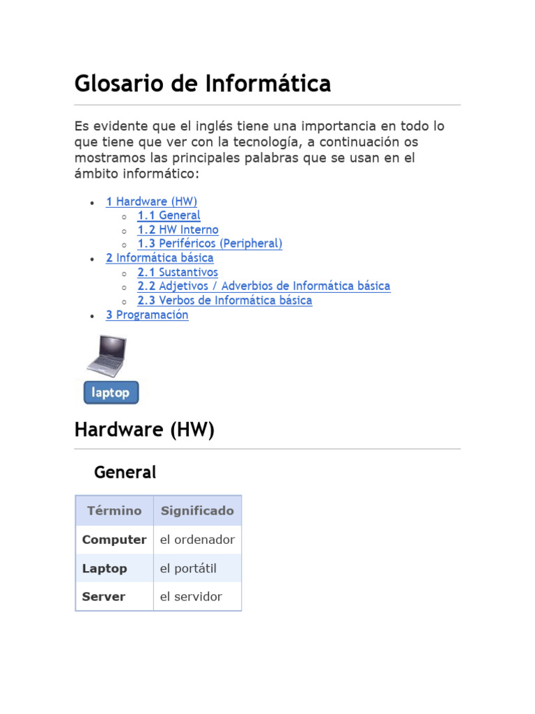 Glosario De Términos Informáticos En Inglés Pdf Hardware De La