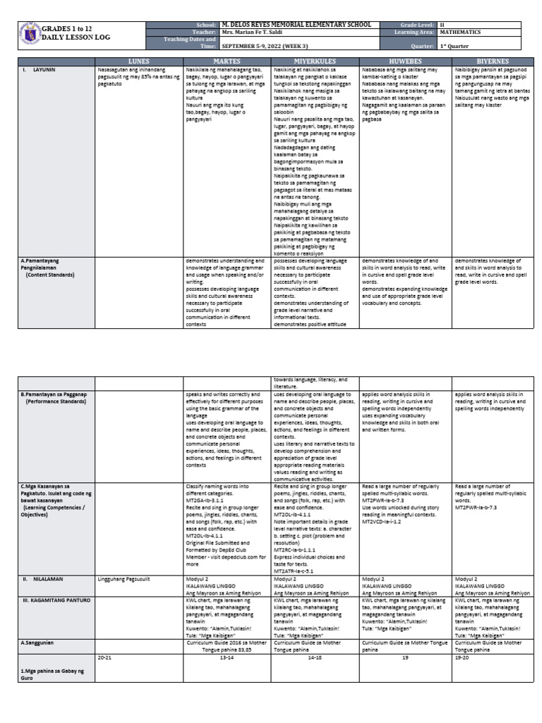 DLL - MTB 2 - Q1 - W2 | PDF