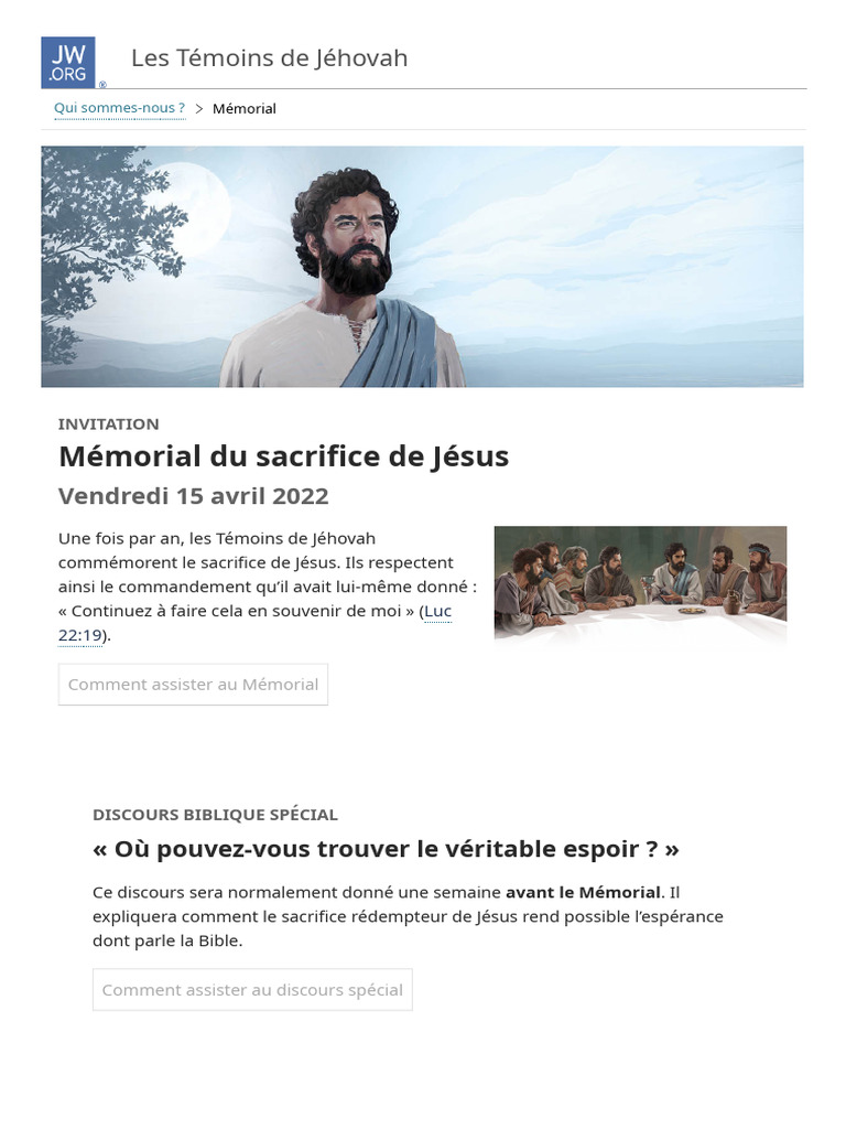 Témoins de Jéhovah - Mémorial Du Sacrifice de Jésus, 15 Avril 2022 | PDF