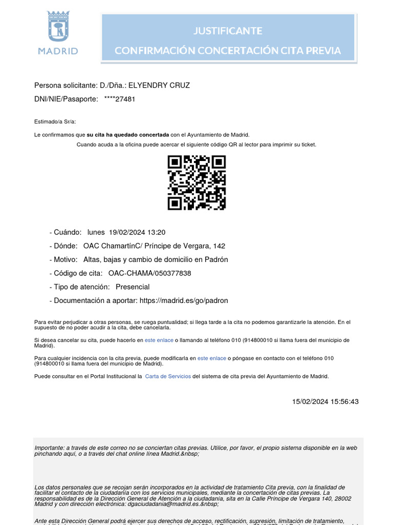 Justificante Cita Empadronamiento | PDF