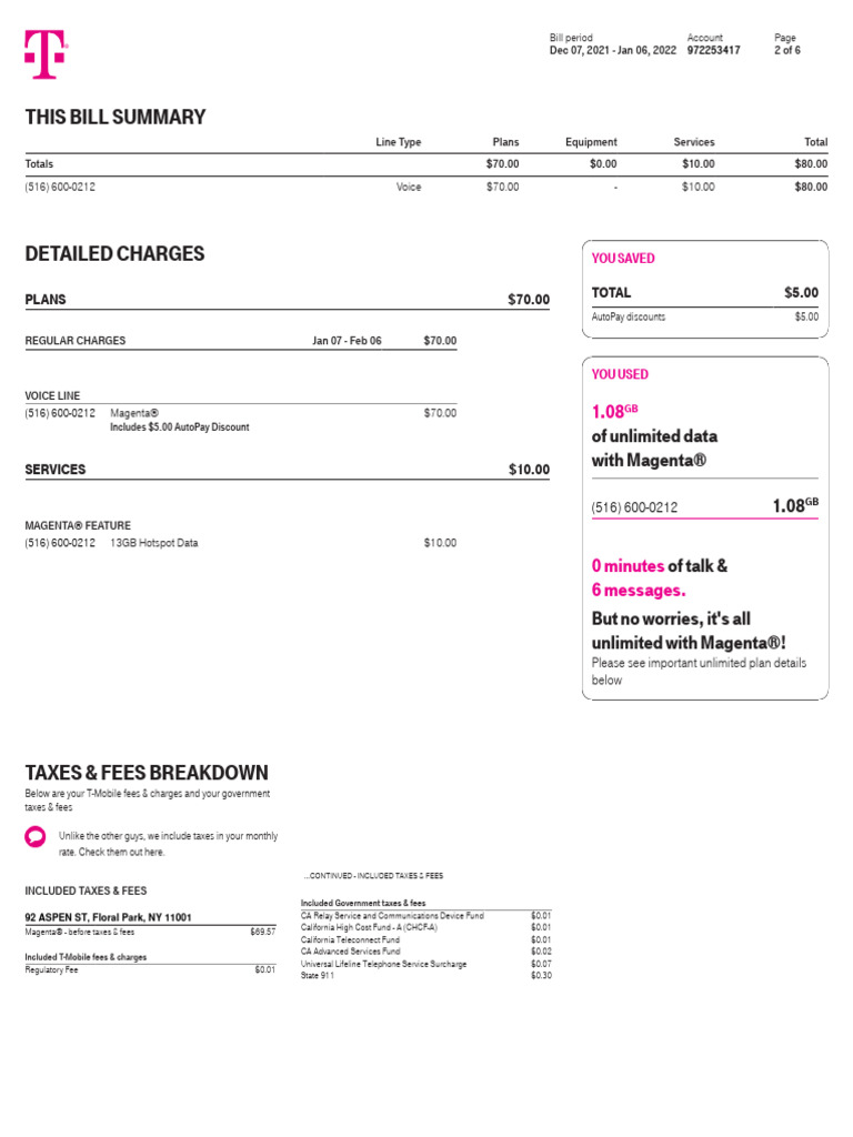 2022 T Mobile Cell Phone Bill Template PDF