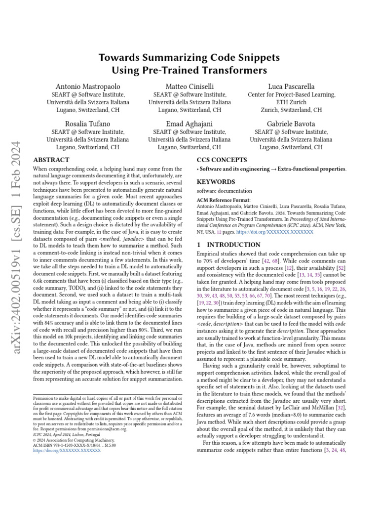 Mastropaolo CodeSummarization | PDF | Statistical Classification | Java ...