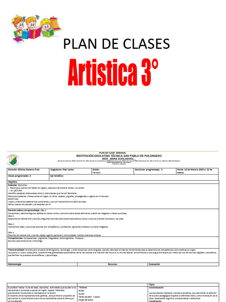 Plan de Clase Semanal Artistica | Descargar gratis PDF | Evaluación ...