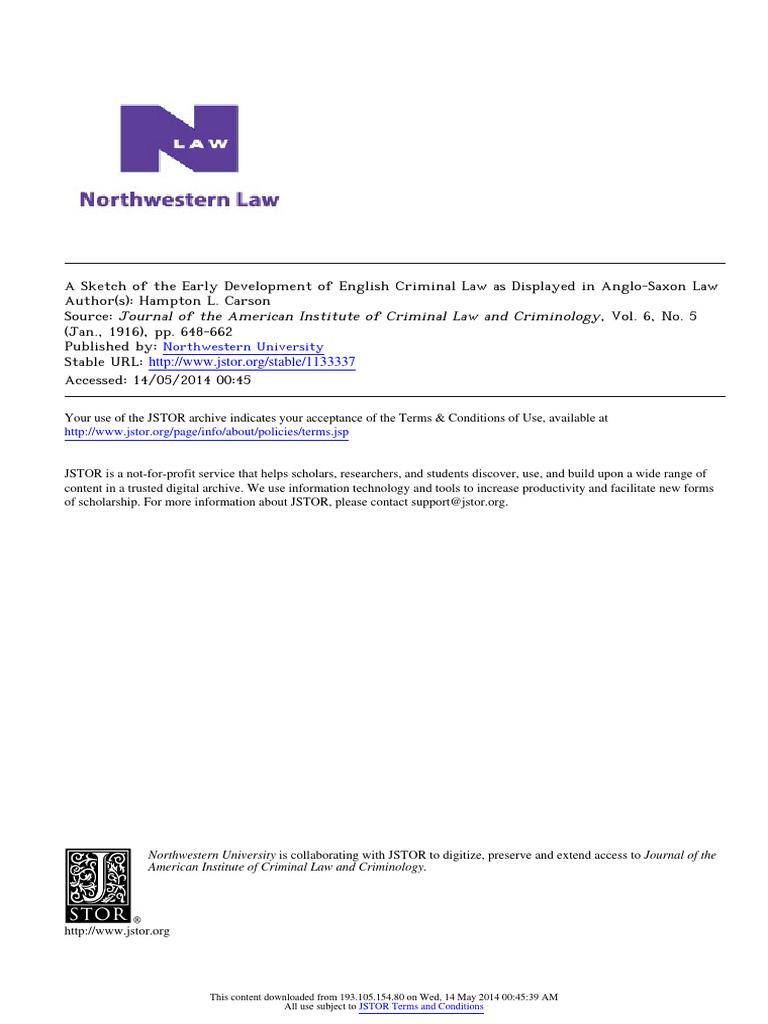 A Sketch of The Early Development of English Criminal Law As Displayed ...