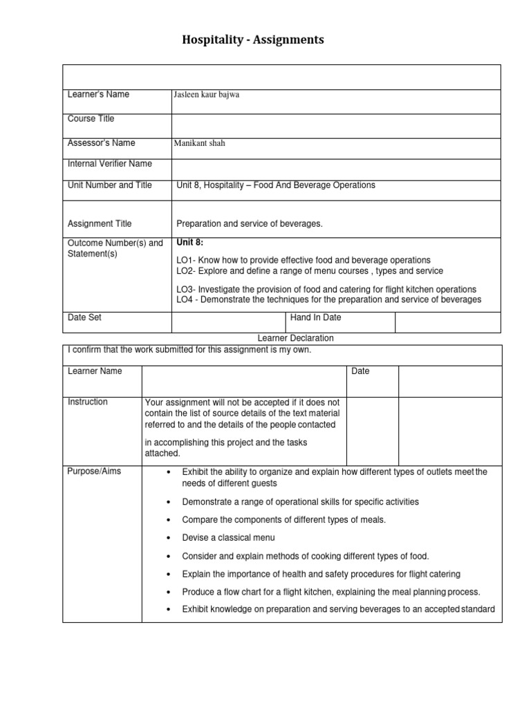 Hospitality Assignment: Food & Beverage Operations | PDF | Bar ...