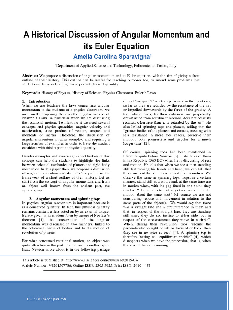 A Historical Discussion of Angular Momentum and Its Euler Equation ...