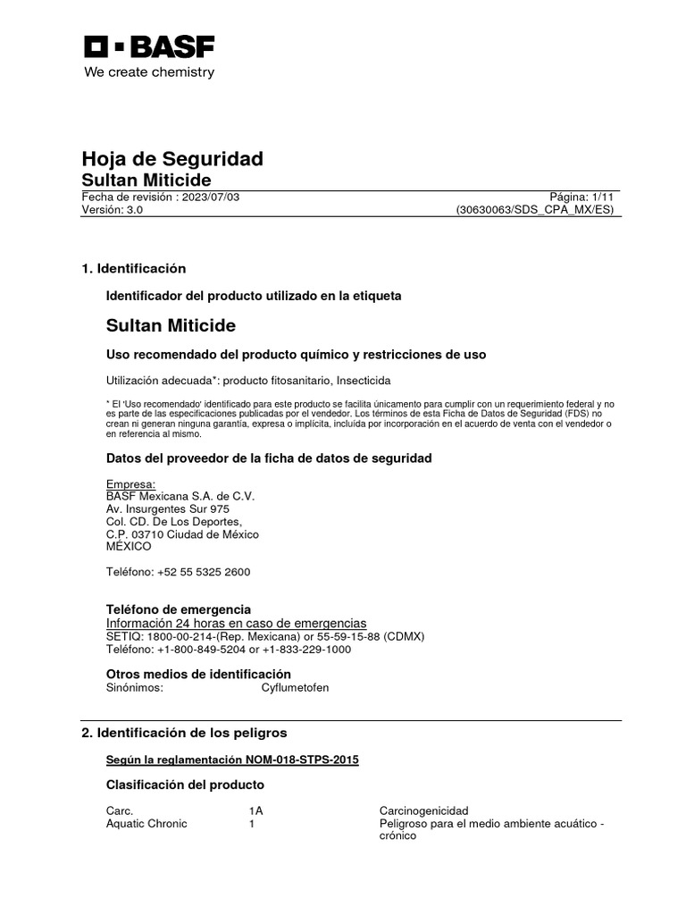 Hoja de Seguridad: Sultan Miticide | PDF | Toxicidad | Agua