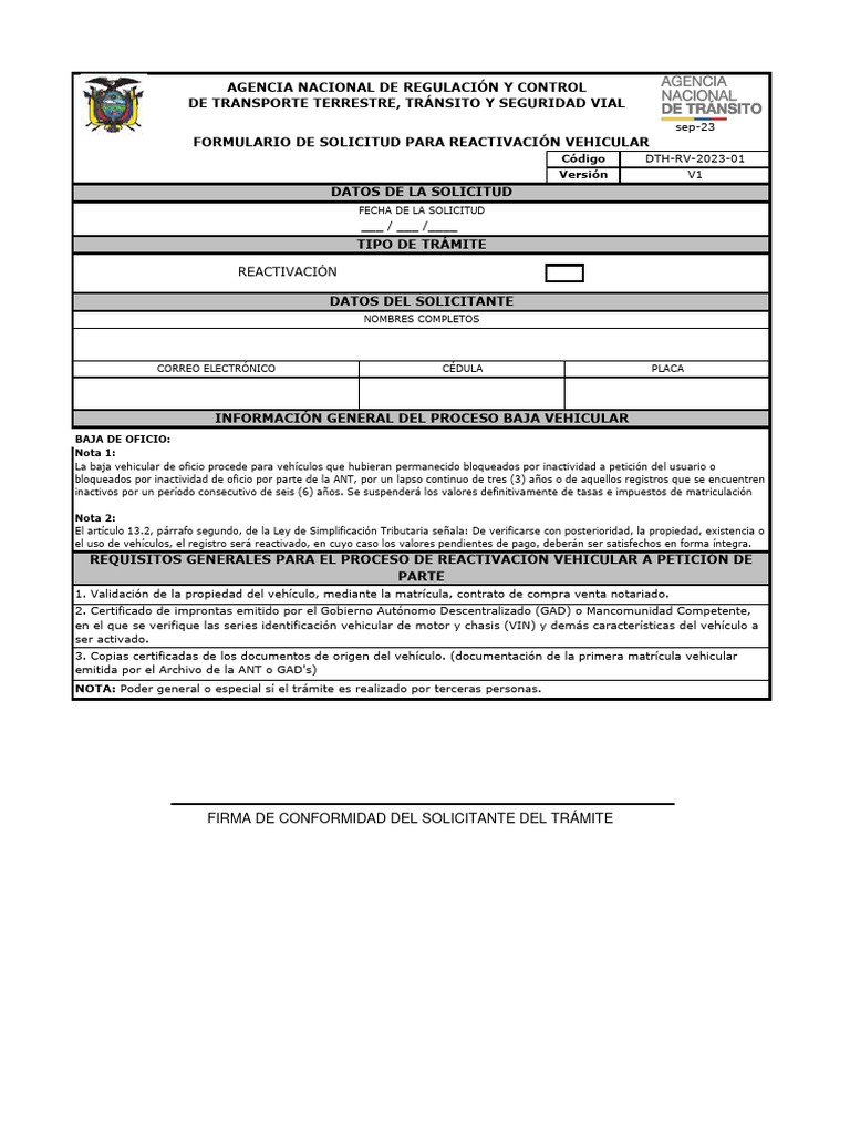 Solicitud de Reactivación Vehicular ANT | PDF