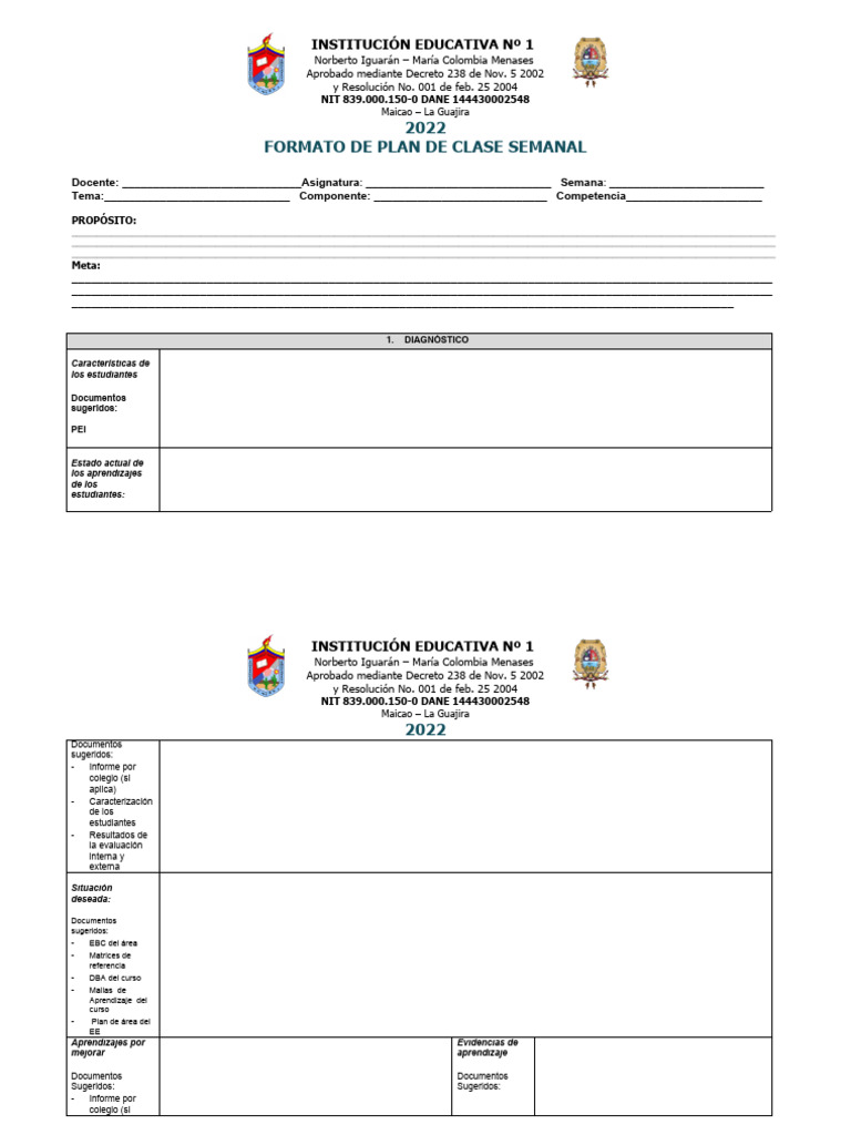 Formato de Plan de Clase Semanal | PDF | Aprendizaje | Modificación de ...