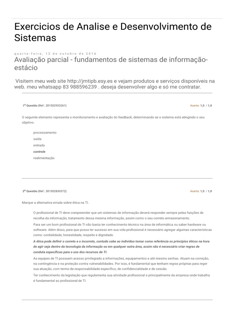 Exercicios de Analise e Desenvolvimento de Sistemas - Avaliação Parcial ...