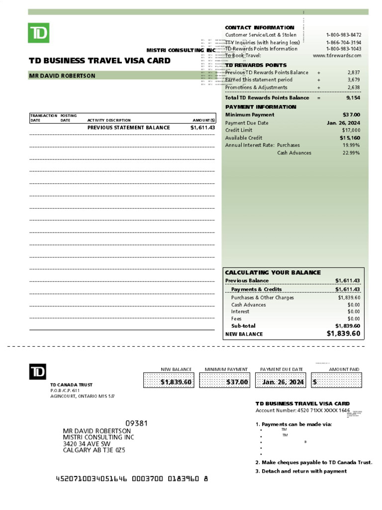 TD Business Visa Statement Summary | PDF