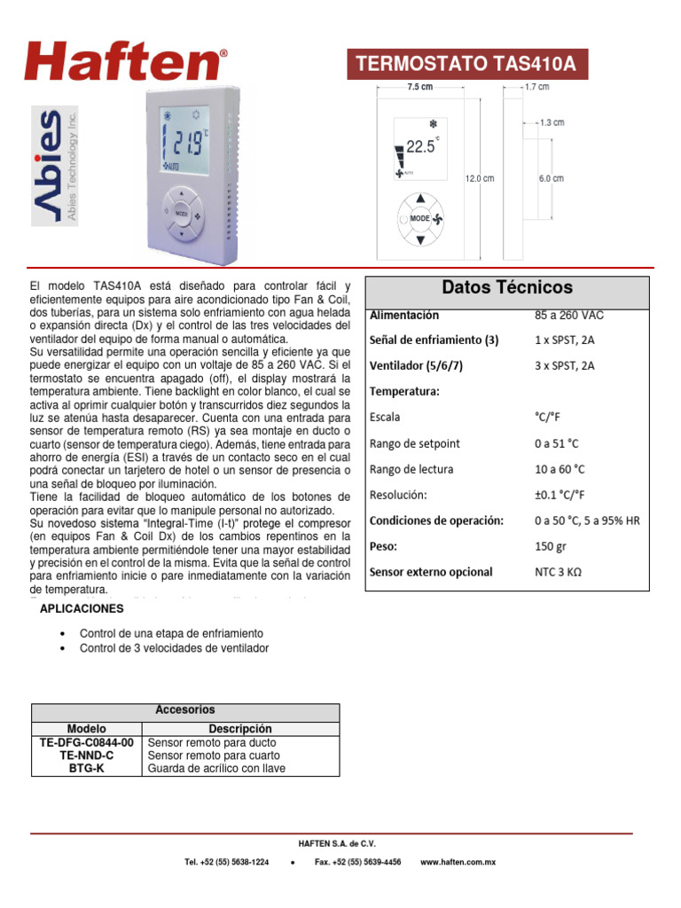 Termostato TAS410A: Ficha Técnica y Manual | PDF | Termostato | Sensor