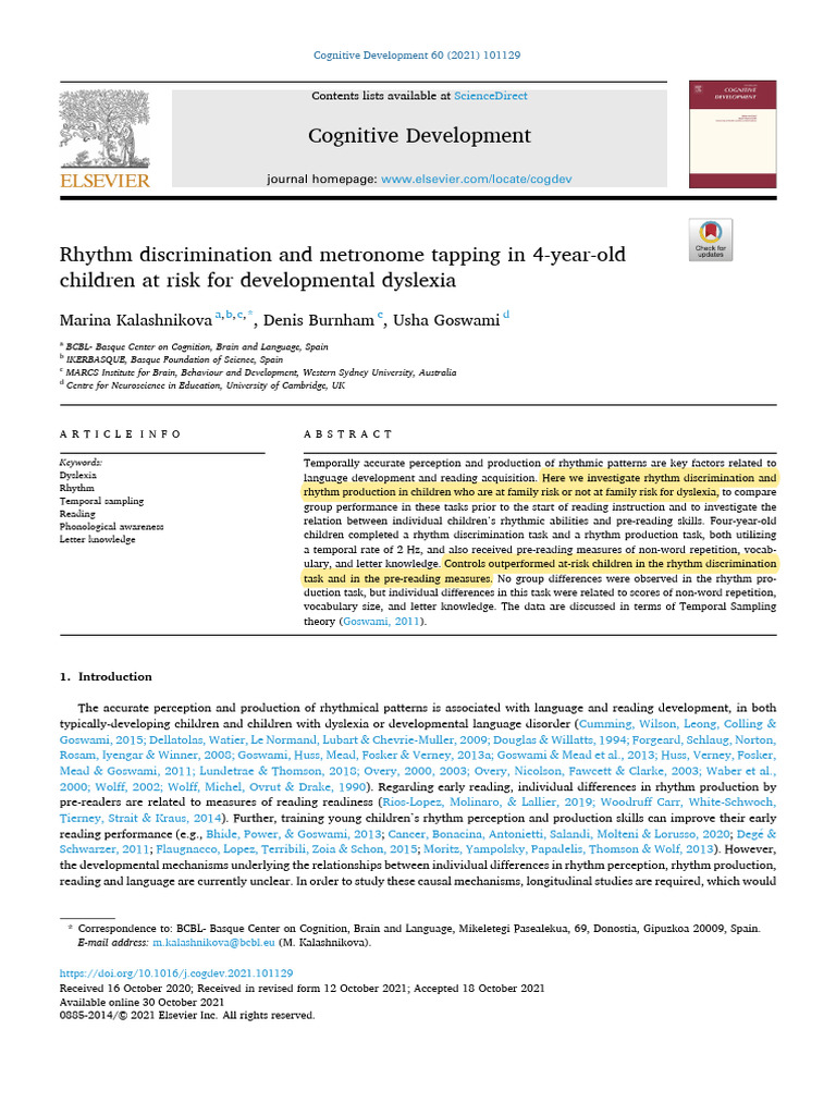 Rhythm Skills in Children at Dyslexia Risk | PDF | Dyslexia | Rhythm