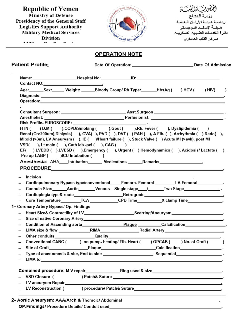 Military Cardiac Surgery Operation Note | PDF | Coronary Artery Bypass ...