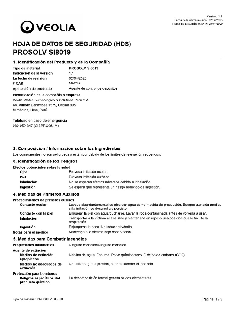 MSDS Prosolv SI8019 Veolia | PDF | Residuos | Química