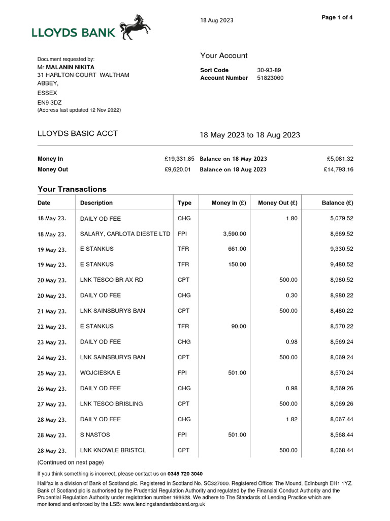 Lloyds Basic Account Statement Summary | PDF | Payments | Banks