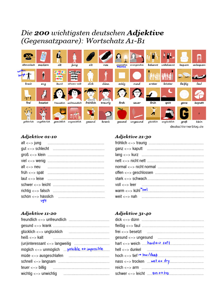 200 Wichtige Deutsche Adjektive A1 B1 | PDF