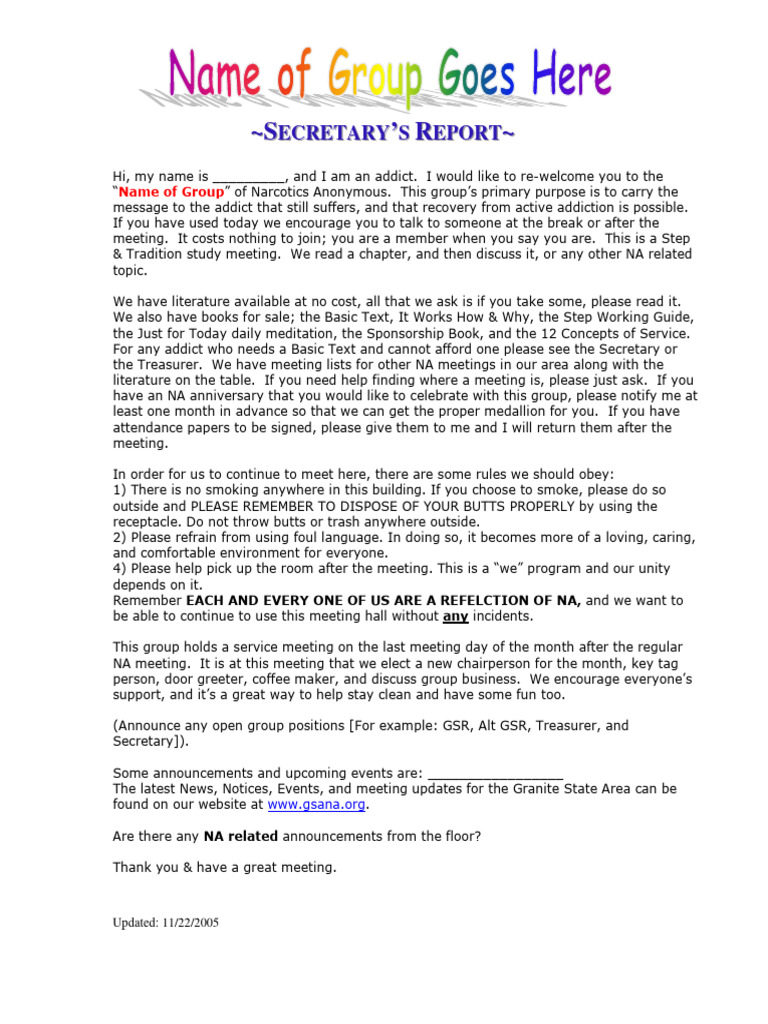 Sample Na Group Secretary Report | PDF | Self-Improvement