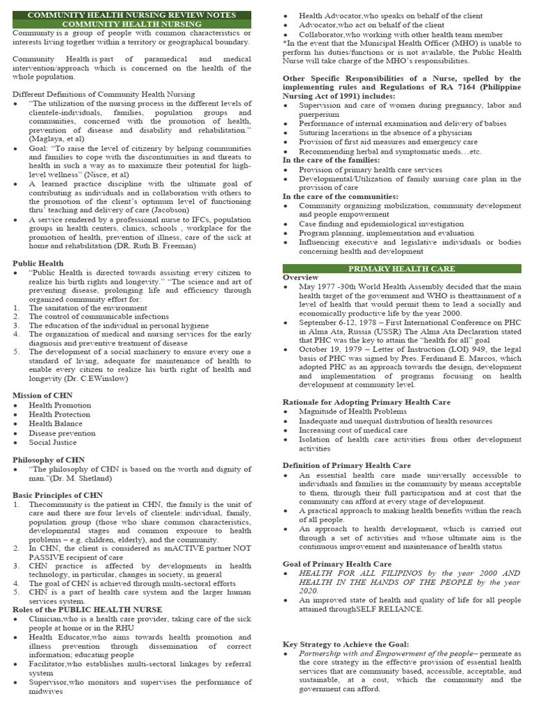 Community Health Nursing Review Notes | PDF | Preventive Healthcare ...