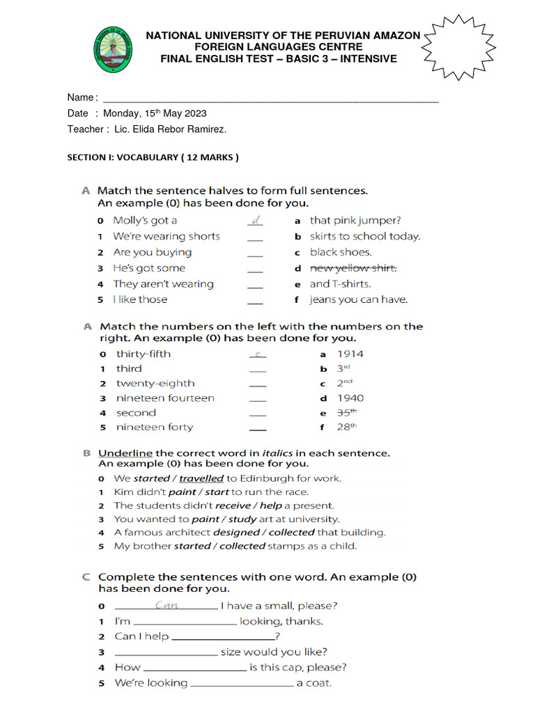 Basic 3 English Test - National University | PDF