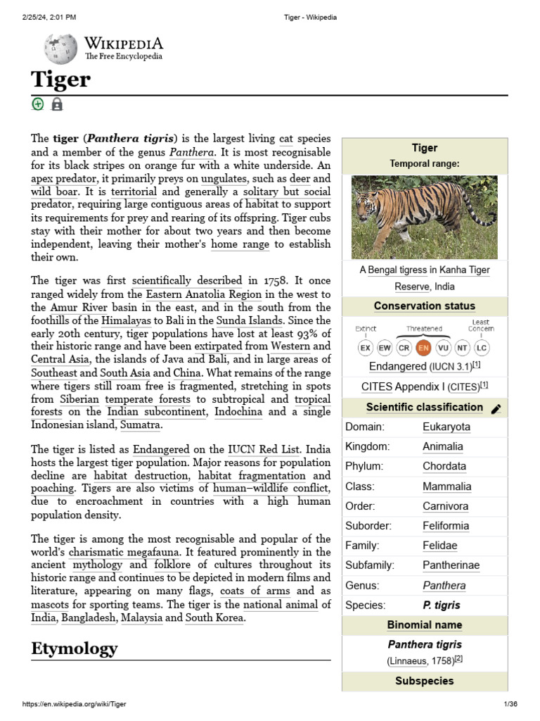 Tiger Classification and Subspecies Overview | PDF | Tiger | Leopard