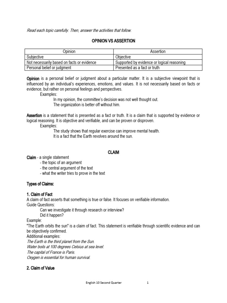 Multimodal Texts Claims Opinion Vs Assertion | Download Free PDF ...