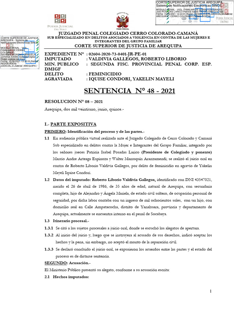 Sentencia por feminicidio en Arequipa | PDF | Derecho penal | Castigos