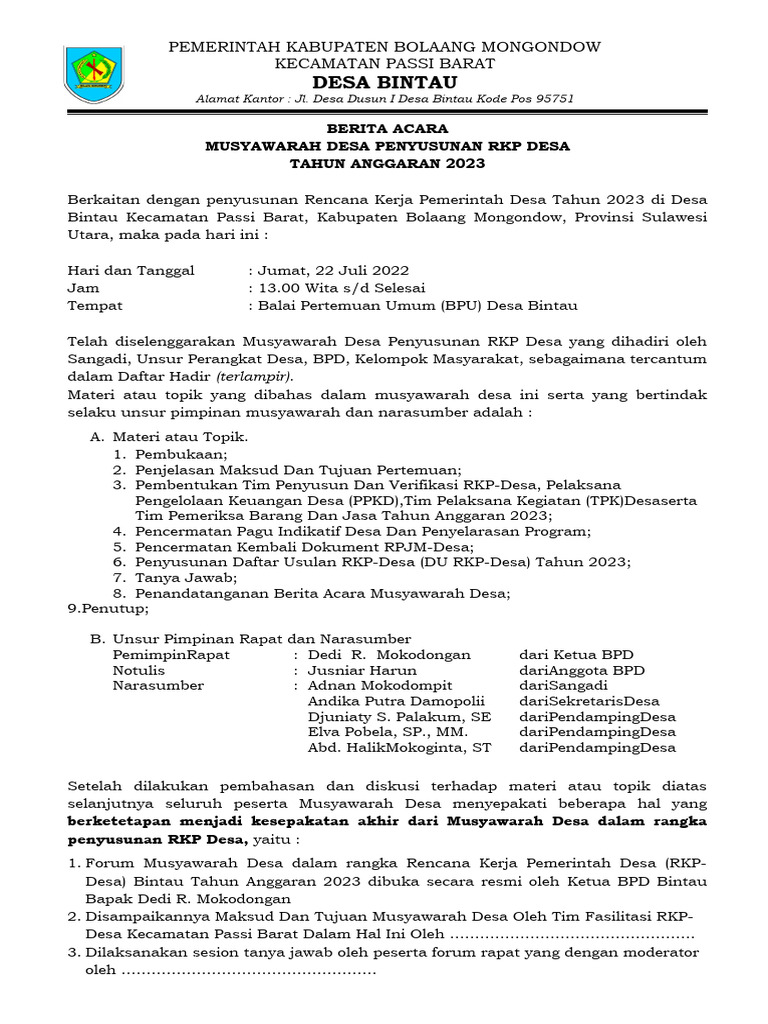 Musyawarah Desa RKP 2023 Bintau | PDF