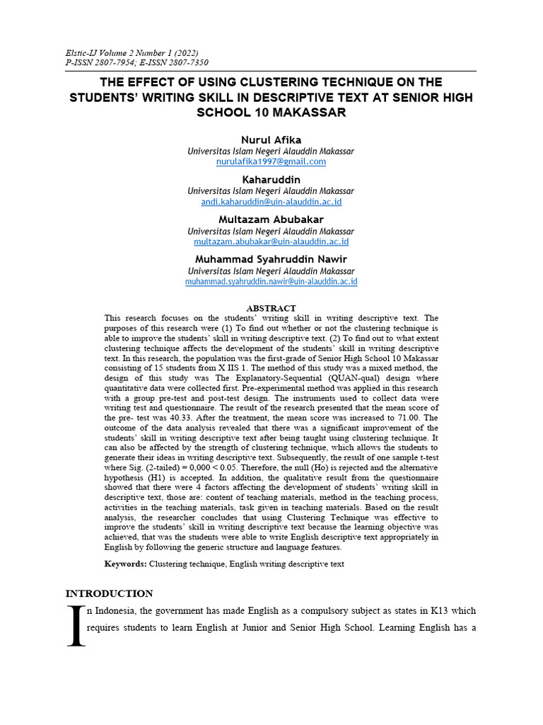 Clustering Technique in Descriptive Writing | PDF | Student's T Test ...