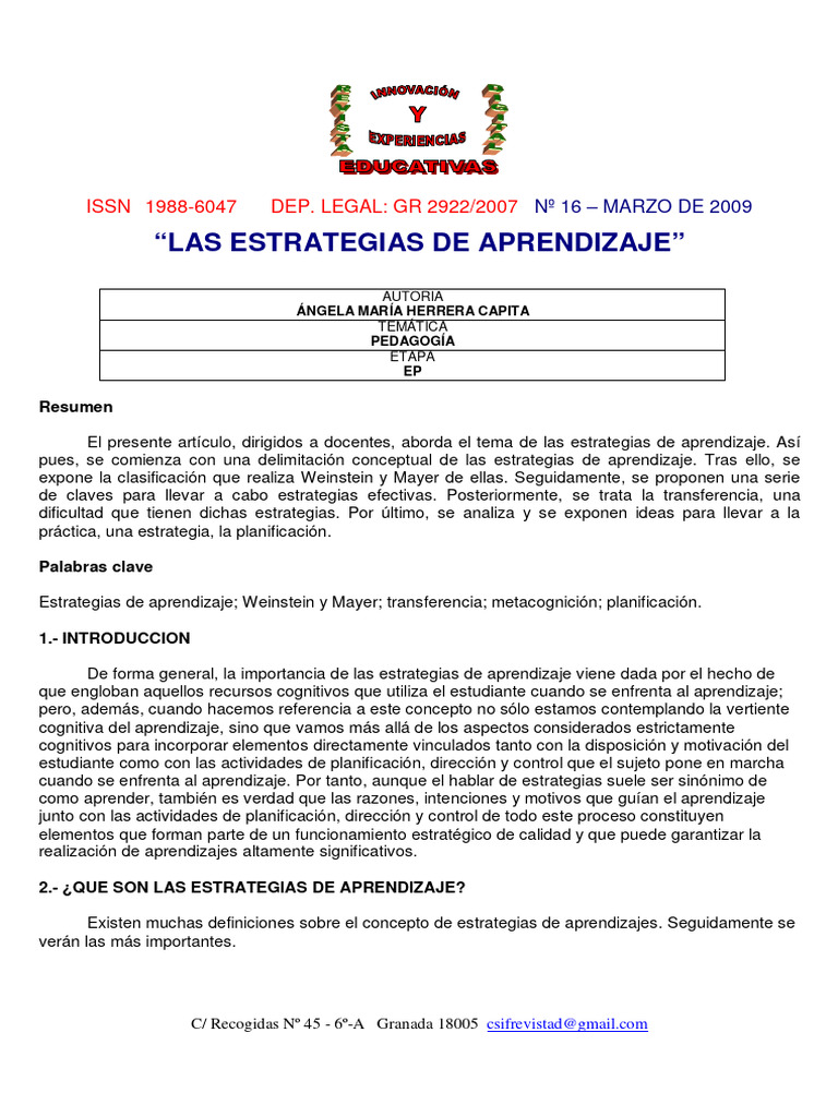 Estrategias de Aprendizaje según Weinstein y Mayer | PDF | Aprendizaje ...